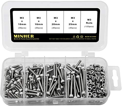 M3 240PCS Vis cylindriques en Acier inoxydable Bouton à tête hexagonale Socket Tête Câble Boulons Vis avec écrous Assortiment 10mm 16mm 20mm 25mm