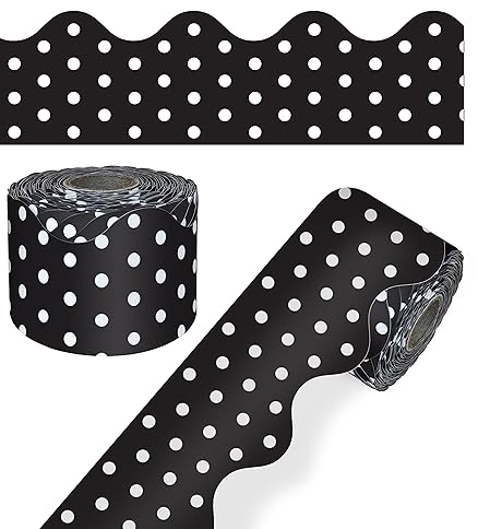 Carson Dellosa Pinnwand-Bordüre, 1 Rolle gewellter Rand mit Punkten, für Whiteboard, Kork und Posterwand, Party, Bürodekoration und Klassenzimmer-Dekoration, 1 Rolle mit schwarzen und weißen Punkten