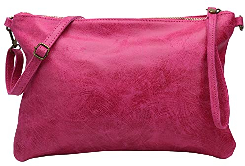 SH Leder Echtleder Umhängetasche Clutch im vintage look mittelgross Tasche Abendtasche 33x22cm Clara G396 (Pink)
