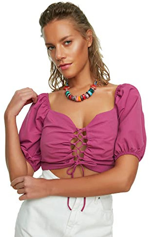 Trendyol Blusa de Manga Globo Detallada con Ribete Fucsia, 38 para Mujer