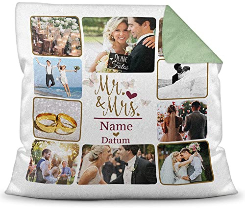 Print Royal Fotokissen als Geschenk zum Hochzeitstag - Mr.& Mrs. - mit Kissenfüllung - personalisierbar mit Fotos, Name und Datum - mit Reißverschluss, Farbkissen Rückseite Grün, 40 x 40 cm