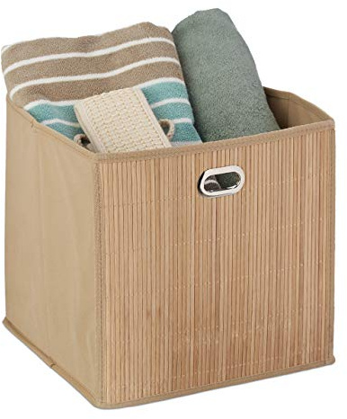 Relaxdays Set of 5 Bamboo Storage Baskets, Bathroom Organiser, Cube, Tall Box, HxWxD 31 x 31 x 31 cm, Folding, Natural