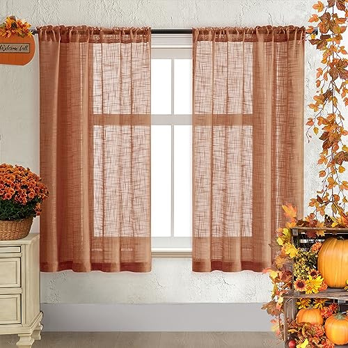 Transparente Vorhänge, 160 cm lang, für Schlafzimmer, ästhetische Fenstergestaltung, verspielte Hippie-Vorhänge für Boho-Wohnzimmer, passend zu Blauer Deko, 2er-Set, staubiges Rostorange/Orange