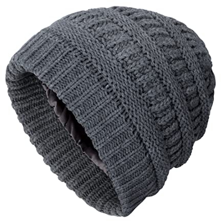 Beanie Mütze für Damen und Mädchen Winter Gestrickte Satin Gefütterte Beanie Hüte Strickmützen für Reisen Camping Skating Skifahren Outdoor Aktivitäten Grau