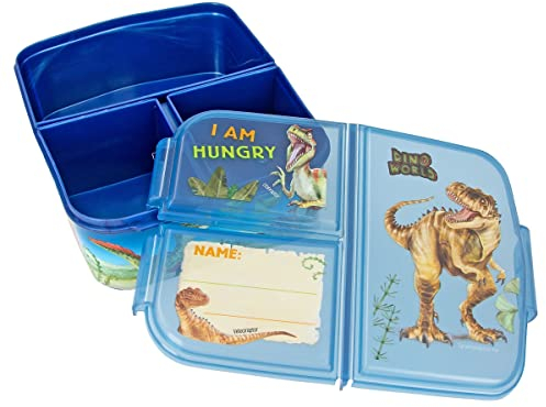 Depesche 12318 Dino World dunkelblau mit 3 Fächern und separaten Klappverschlüssen, Brotdose mit Dinosaurier-Motiv