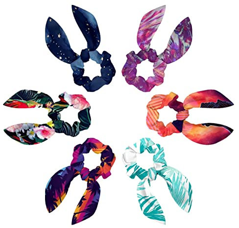 6PCS Hair Scarf Scruncheis for Women Girls, Ribbon Bow Elastic Hair Ties Bands Satin Hair Ribbon Scrunchy Ponytail Holder Accessories,Palm Trees on Tropical Beach