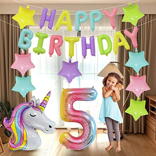 KATELUO Einhorn Luftballons Geburtstag 5 Jahre, Luftballon 5. Geburtstag, Folienballon Einhorn Geburtstagsdeko Mädchen 5 Jahre, Ballon 5. Geburtstag, Einhorn Luftballons Helium für Party Dekoration