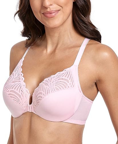 Lemorosy Soutien-Gorge Femme à Armatures Non rembourré avec Fermeture sur Le Devant en Dentelle Florale T-Shirt Grande Taille Rose,105E