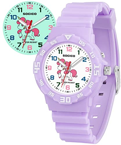 TENOCK Montre Enfant avec Veilleuse, Licorne Montres Filles Analogique Enfants GarçOns Filles Montre éTanche 30M pour 4-12 Ans Heure Facile à Lire Ou Cadeaux Enfants(Rose)
