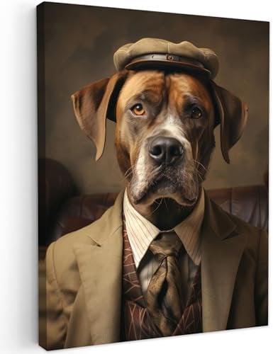 MuchoWow© Impression sur Toile Decoration Murale Peinture 50x70 cm Tableaux Decoratifs Muraux Décoration Chambre Vintage - Chien - Chapeau - Costume - Banque - Marron