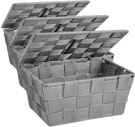 WENKO Cestino con coperchio Adria grigio, Polipropilene, 19 x 10 x 14 cm, Grigio (Confezione da 3)