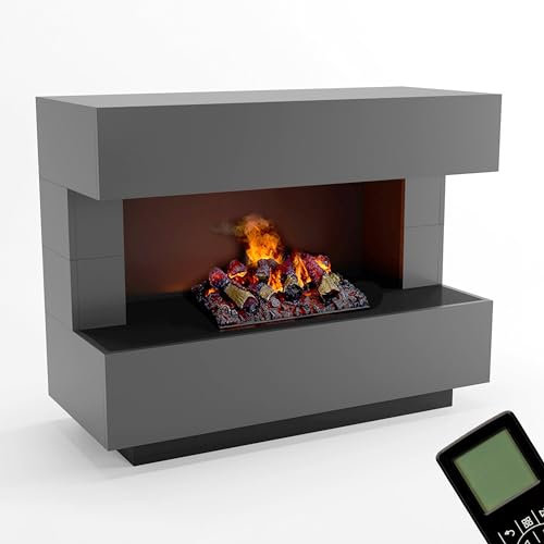 GLOW FIRE Wasserdampf Kamin Kant (Standkamin) - Elektrokamin mit realistischen LED 3D-Flammen, Knistereffekt & Fernbedienung, 120x90x50 cm - Opti-Myst 500 Elektro Kamin mit Holz-Deko, Grau