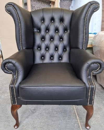 Casa Padrino Luxus Chesterfield Ohrensessel Schwarz/Dunkelbraun 98 x 90 x H. 110 cm - Echtleder Chesterfield Wohnzimmer Sessel - Wohnzimmer Möbel - Chesterfield Möbel - Luxus Leder Möbel