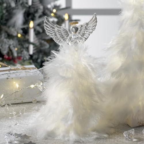 Mascagni Casa Weihnachtsengel aus Glas mit Federn und LED, 22 cm