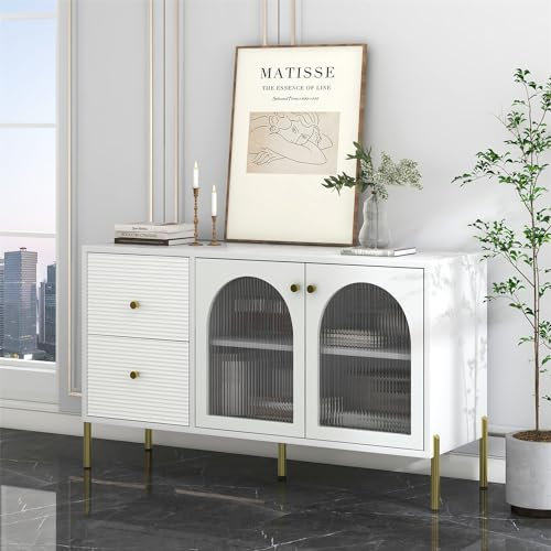 VRYGLEN White and Gold Marble Top Sideboard - 120cm Long, Adjustable Shelves, 2 Doors, 2 Drawers, Glass Doors Cabinet Included