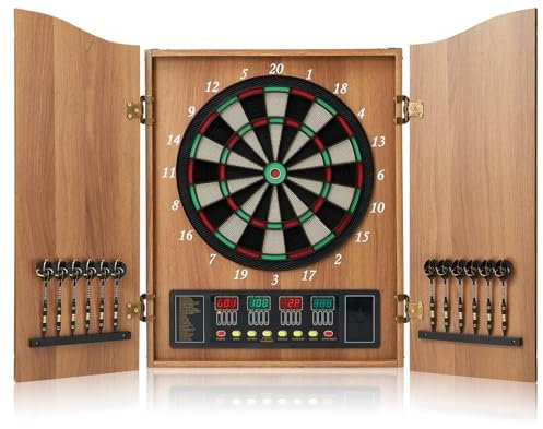 Electric Dartboard Set with Cabinet, Automatic Scoring Dart Board with Wooden Doors, 4 LED Digita Display, 12 Darts, 88 Soft Tips, 27 Games, up to 16 Players, Man-machine Match Function (Color : Natu