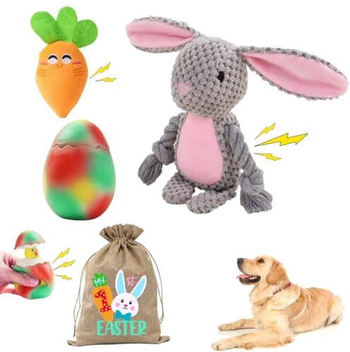 Litle Bean 3 Pack Hund Quietsche Spielzeug Plüsch Kaninchen & Gummi Ei & Plüsch Karotte Quietsche Hundespielzeug mit Einer Tasche für kleine mittlere Hunde Interaktive Hundespielzeug Set