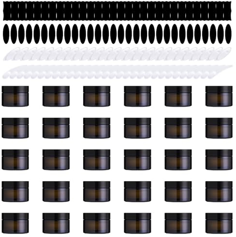 Yauhar 120Pcs 15g Amber Glass Jars Assortment Kit with Inner Liners and Black Lids, Spoons and blank labels for Storing Lip and Body Scrub, Lotion, Body Butter, Bath Salts