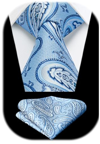 HISDERN Blau Krawatte Herren Paisley Einfarbige Hochzeit Krawatten für Herren mit Einstecktuch Klassische Herren