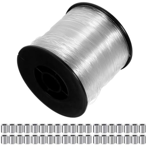 Strong Clear Nylon Invisible Hanging Wire 200m Picture Frame Wire Thick Fishing Wire Clear String Hanging Kit with 120 Pcs Crimping Sleeves for Picture Frame(0.8 mm)