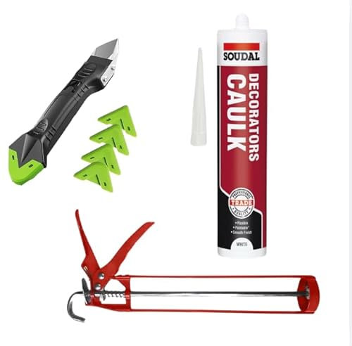 DIY Decorating Bundle: Soudal White Decorators Caulk, Professional Caulking Gun & Silicone Finishing Tool Kit | Perfect for Painting, Decorating, and Caulking Projects
