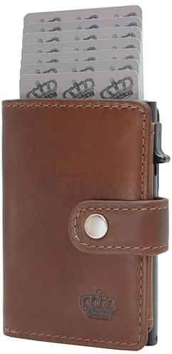 BAUR Slim Wallet mit Münzfach I Echtleder Kreditkartenetui für Herren I Aluminium Pop-Up Case mit RFID-Schutz I Smart Wallet I Kleine Geldbörse (Münzfach mit Reißverschluss, Dunkel Braun)