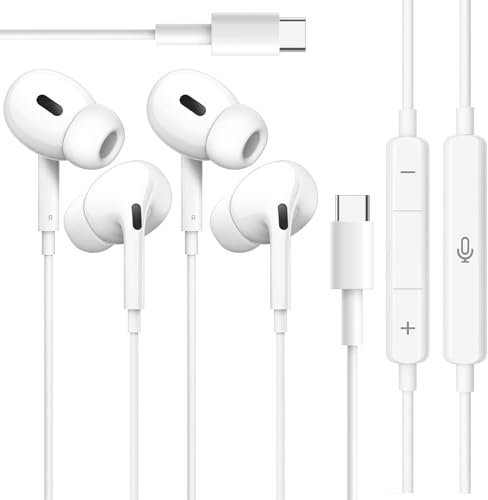 2 Pack USB C Wired Headphones,In Ear Type C Earphones with Microphone & Volume Control,Hi-Fi Stereo Noise Earbuds for iPhone 15/Plus/Pro Max/Pro,Galaxy S24 S23 S22 Ultra/Note 10/20,,iPad Pro/Air/Mini