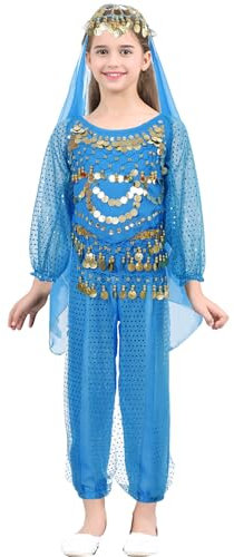 Sxiwei Bauchtanz Outfit für Kinder Mädchen Pailletten Schnürung Crop Top mit Pumphose Hüfttuch Kopftuch 4-Teiliges Tanz Kleidung Set Himmelblau 110-116