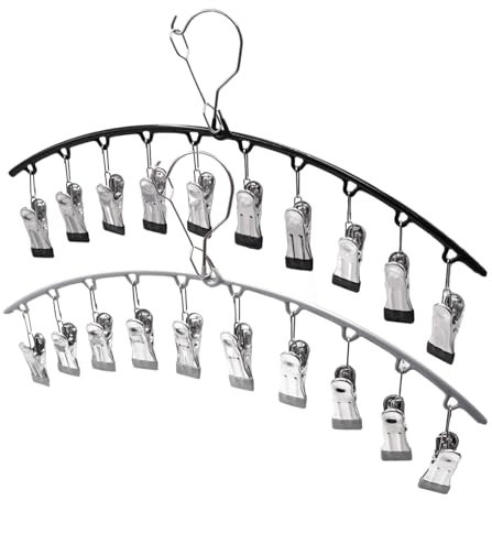 Confezione da 2 grucce in acciaio inox per asciugare i calzini, con 10 mollette antiscivolo, colore nero e grigio