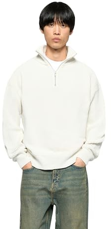Burocs Regular Fit Chunky Knit Half-Zip Sweater - Ecru - Herren Pullover - Grobstrick - Stehkragen mit Reißverschluss - 50% Baumwolle 50% Polyester, Größe:S, Farbe:Ecru