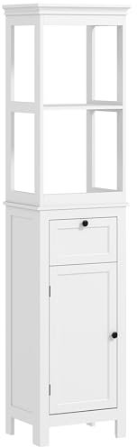 HOMCOM Columna de Baño Mueble de Baño con Cajón Puerta Estante Ajustable y 2 Compartimientos Armario de Baño Moderno 40x30x165 cm Blanco