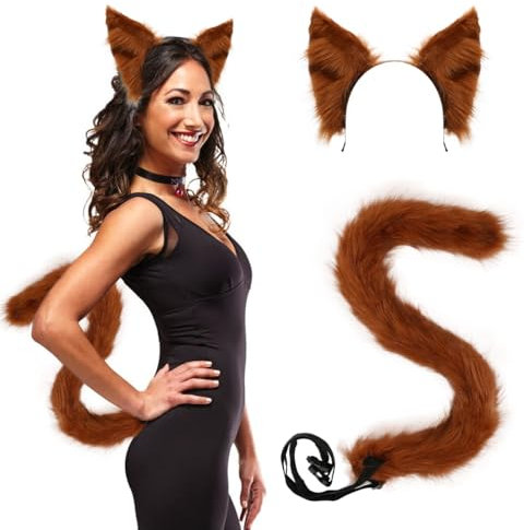 Epokus Plüsch Katze Ohren und Katzenschwanz Set, Katzenohren Haarreif, Katzenkostüm Damen Fuchs Kostüm, für Erwachsene Fasching Karneval Halloween Mottoparty Cosplay Catwoman Frauen (Braun)