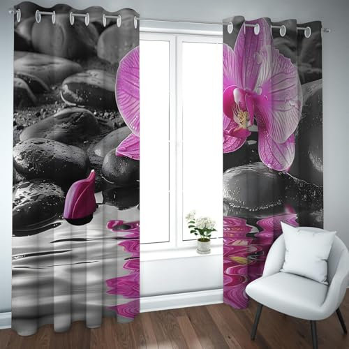 Deertweet Home Lila Orchidee Verdunkelungsvorhänge Schwarze Steine Fenstervorhänge für Wohnzimmer Schlafzimmer Badezimmer Spa Verdunkelung Sichtschutzvorhang 2 Paneele H229xB229