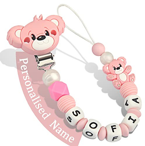 Yolnkos Clip Ciuccio con Nome Personalizzata Catenella Portaciuccio Teddy Orso Porta ciuccio(Rosa)