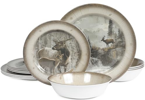 Melamin-Geschirr-Set für 4 Personen, Speiseteller, Schüsseln, 12-teilig, langlebig, BPA-frei, spülmaschinenfest, bruchsicher, splitterfest, für drinnen und draußen, Hirsch