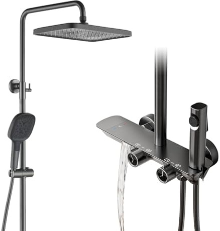 Duschsystem mit Thermostat, Duscharmatur Komplettset mit Regendusche Duschkopf, Handbrause 3 Strahlarten, Bidet Handbrause, Badewannenarmatur, Höhenverstellbar Duschset mit Armatur, Anthrazit Matt