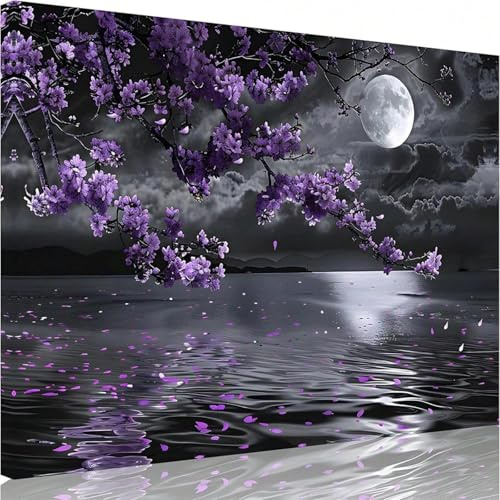 Zhadongli Art Lila Leinwandbild, Schwarz-Weiß-Meeresnacht, Vollmond, lila Blumen, Leinwanddrucke, Wandbild, Dekoration, Gemälde, 40 x 60 cm (16 x 24 Zoll), mit Rahmen