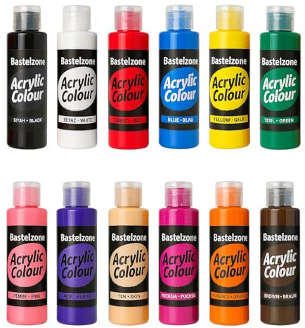 Kit de peintures acryliques. Peinture hautement pigmentée et couvrante pour toile, pouring, bois, pierre, papier, plâtre, métal, etc. 12 couleurs x 150 ml