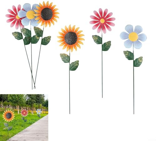 Sonnenblumen-Gartenstecker, 48cm Metall Gänseblümchen Gartenstecker, Gänseblümchen Gartenpfähle, Bunte Blumenstecker Dekorative Gartenpfähle Für Garten Rasen Hof Outdoor Dekoration(6 Stück)
