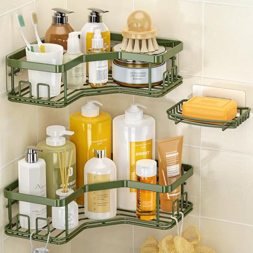 MAXIFFE 3 Pack X-Large Corner Shower Caddy with Soap Holder, Large Capacity Sturdy Easy Install No Drilling Stainless Steel Hold 40 LB Shower Organizer Shelves Rack for Family Renters Bathroom, Green