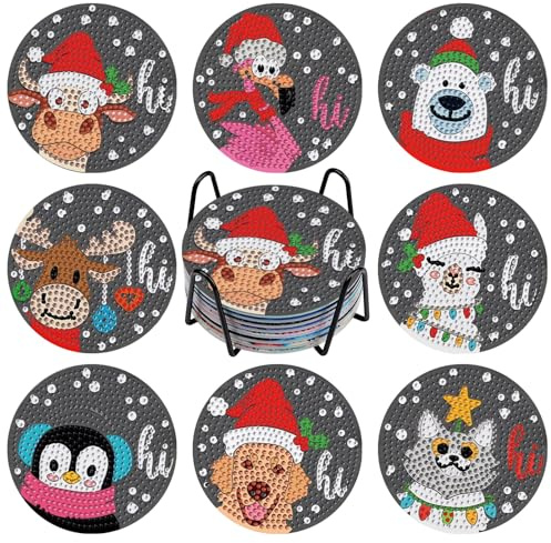 NAIMOER 8 Stück Weihnachten Diamond Painting Untersetzer mit Halter, DIY Wintertiere Diamant Tassenuntersetzer, Diamant Painting Untersetzer für Erwachsene Kinder, Getränke Basteln Coasters