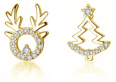 Cangall Weihnachts Ohrringe Gold, 925 Sterling Silber Elch Weihnachtsbaum Ohrstecker mit 5A Zirkonia, Süße Kleine Schlafen Knorpel Silber Weihnachts Ohrringe Stecker Geschenke für Damen Frauen