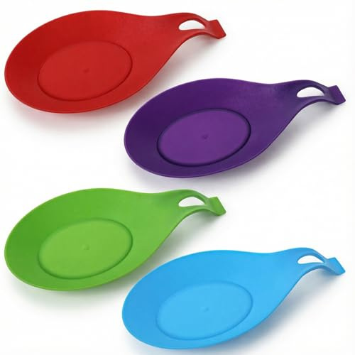 Sorcristy 4 Pack Silicone Spoon Rest for Stove Top, Multi-Color Spoons Hold | Kitchen Silicone Utensil Spatula Ladle Holders for Kitchen Counter (Blue Green Red Purple)