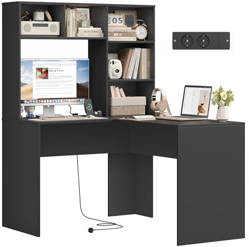 FirFurd L Shaped Desk with Power Outlet Computer Corner Desk with Storage | Study Table with 5 Open Shelves, 2 AC Outlets & 2 USB Ports, Home Workstation, Wooden Office Furniture, 108x125x153cm