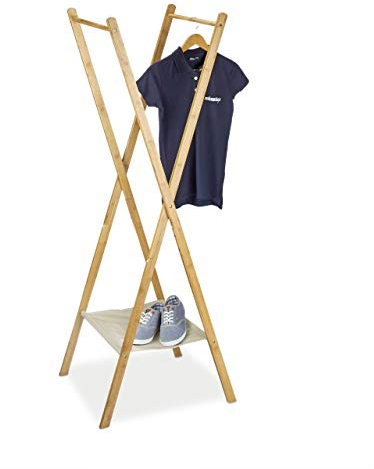 Relaxdays Kleiderständer aus Bambus HBT: 155,5 x 50 x 57,5 cm Garderobenständer mit praktischer Schuhablage platzsparend klappbar als Wäscheständer und Garderobe mit 2 Kleiderstangen aus Holz, natur