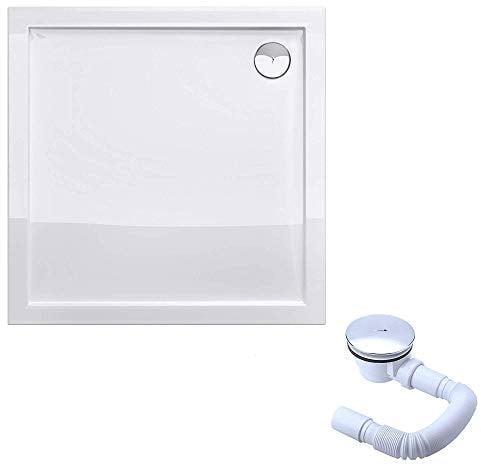 doporro Plato de ducha plano diseño Faro1W 75x75x4cm acrílico en blanco Cuadrado incl. válvula de desagüe AL01 adecuada para instalación a nivel del suelo y conexiones-DIN