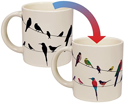 The Unemployed Philosophers Guild Tasse mit Vögeln auf einem Draht, wärmewechselnde Tasse, Kaffee hinzufügen und bunte Vögel erscheinen, wird in einer lustigen Box geliefert