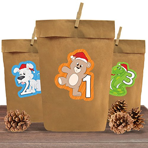 Adventskalender zum Befüllen und Basteln für Kinder Süße Weihnachtstiere zum Ausschneiden mit 24 Kraftpapier Tüten von Adventino