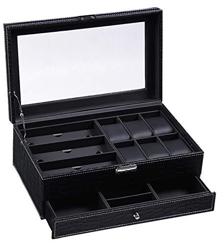 L/S Schwarz Uhrenbox Brillenbox Leder Männer für Mehrere Brillen und 6 Uhren Modern Uhrenkoffer Uhrenaufbewahrung mit Transparent Glas