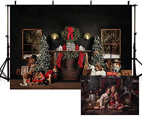 MEHOFOND 2,1 x 1,5 m Weihnachten Fotografie Hintergrund Weihnachtsbaum mit Kamin Kranz Strumpf Schwarz Hintergründe Winter Xmas Geburtstag Urlaub Party Dekoration Banner Foto Portrait Requisiten